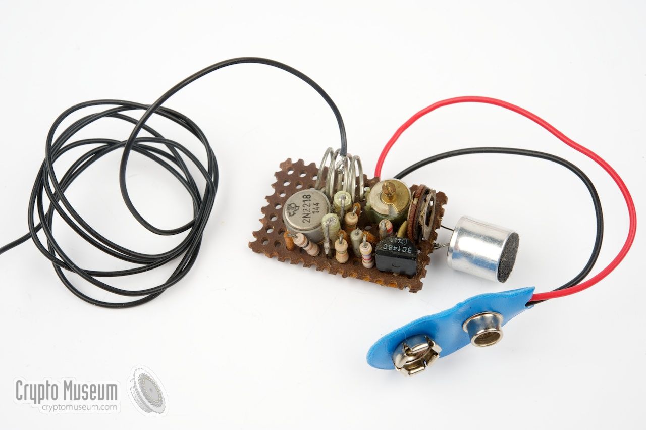Home-made two-transistor bug with electret microphone, built after the Jostikit design.