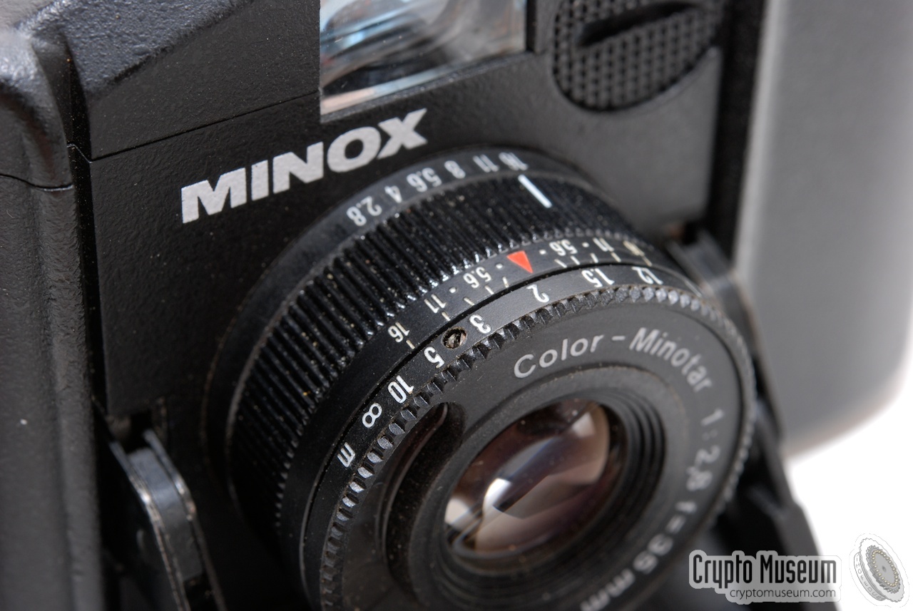 Close-up of the lens and the MINOX logo