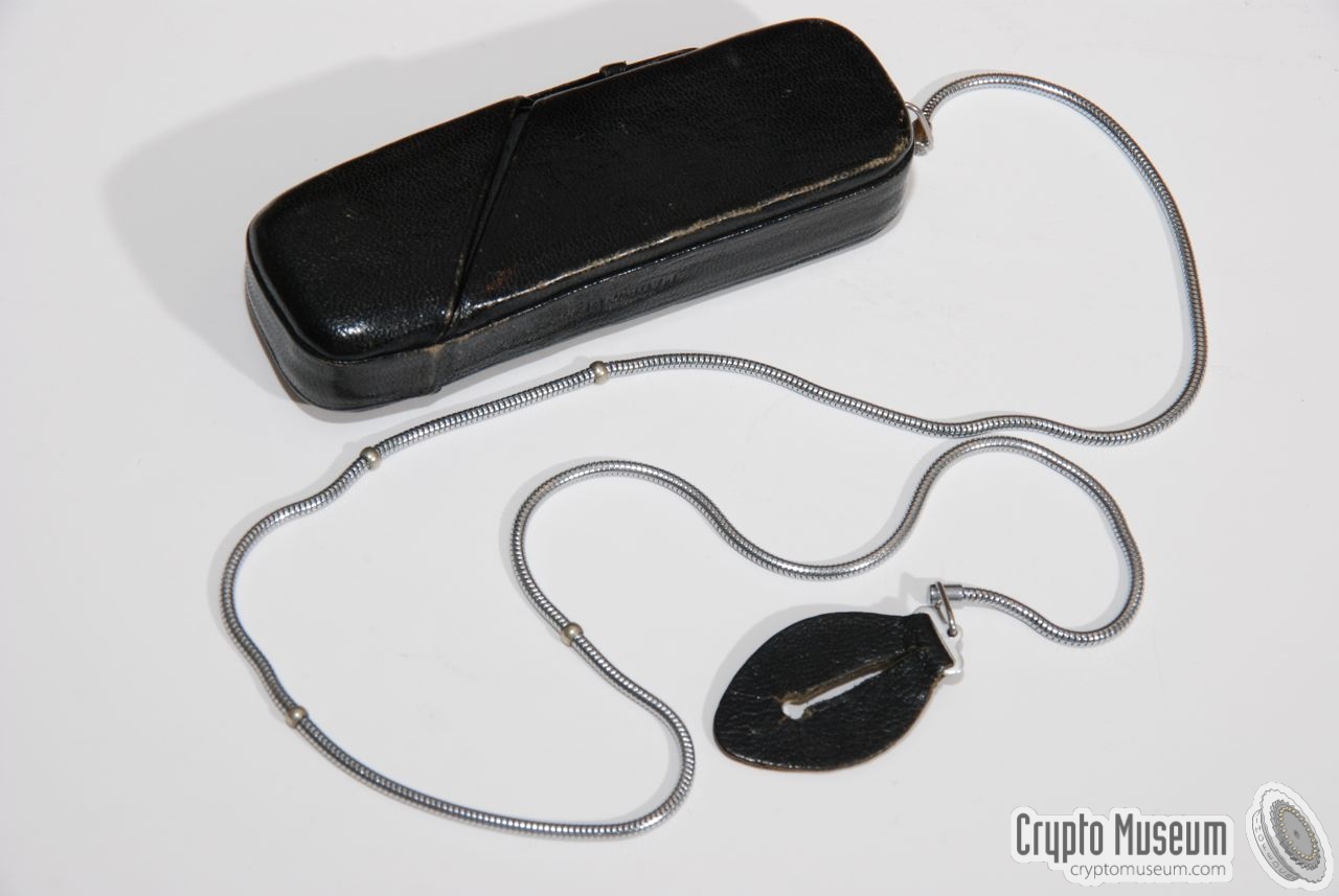 The chain and the leather case of a Minox B camera