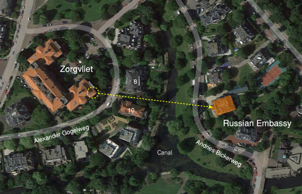 Satellite image of the area in which both Zorgvliet and the Russian Embassy are located (obtained via Google Maps) [13]