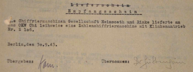 Receipt of deliverey of Z106 to OKW/Chi (Erich Httenhain) [5]. Document kindly provided by Frode Weierud [2].