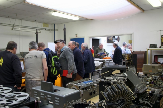 As usual everyone gathers around the Enigma machines. In the foreground a British Typex.