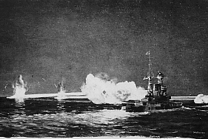 The Battle of Matapan on 28 March 1941, around 22:28. From a painting by Rowland Langmaid [4].