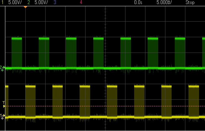 Oscilloscope image of the outputs from IC3 (green) and IC4 (yellow). Note that the signals do not overlap.