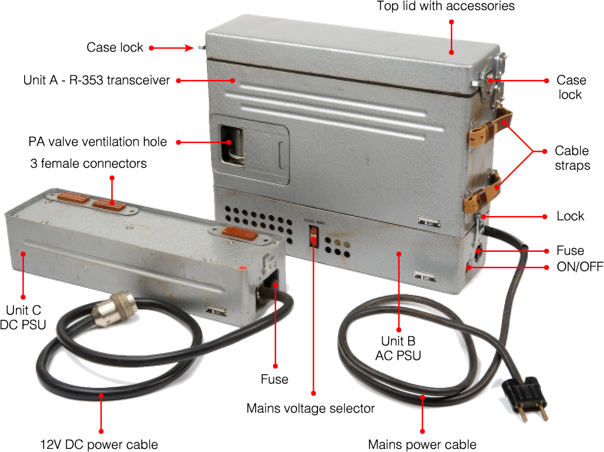 R-353 transceiver with AC PSU installed and optional DC PSU in front